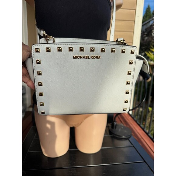 Michael Kors White Leather Selma Studded Crossbody - Picture 1 of 9